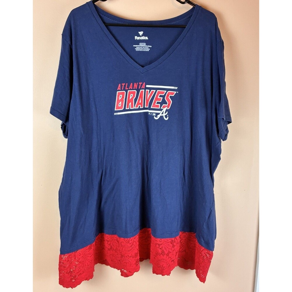 Fanatics Women’s Atlanta Braves V Neck Tee Shirt Red Lace Hem Size 4X